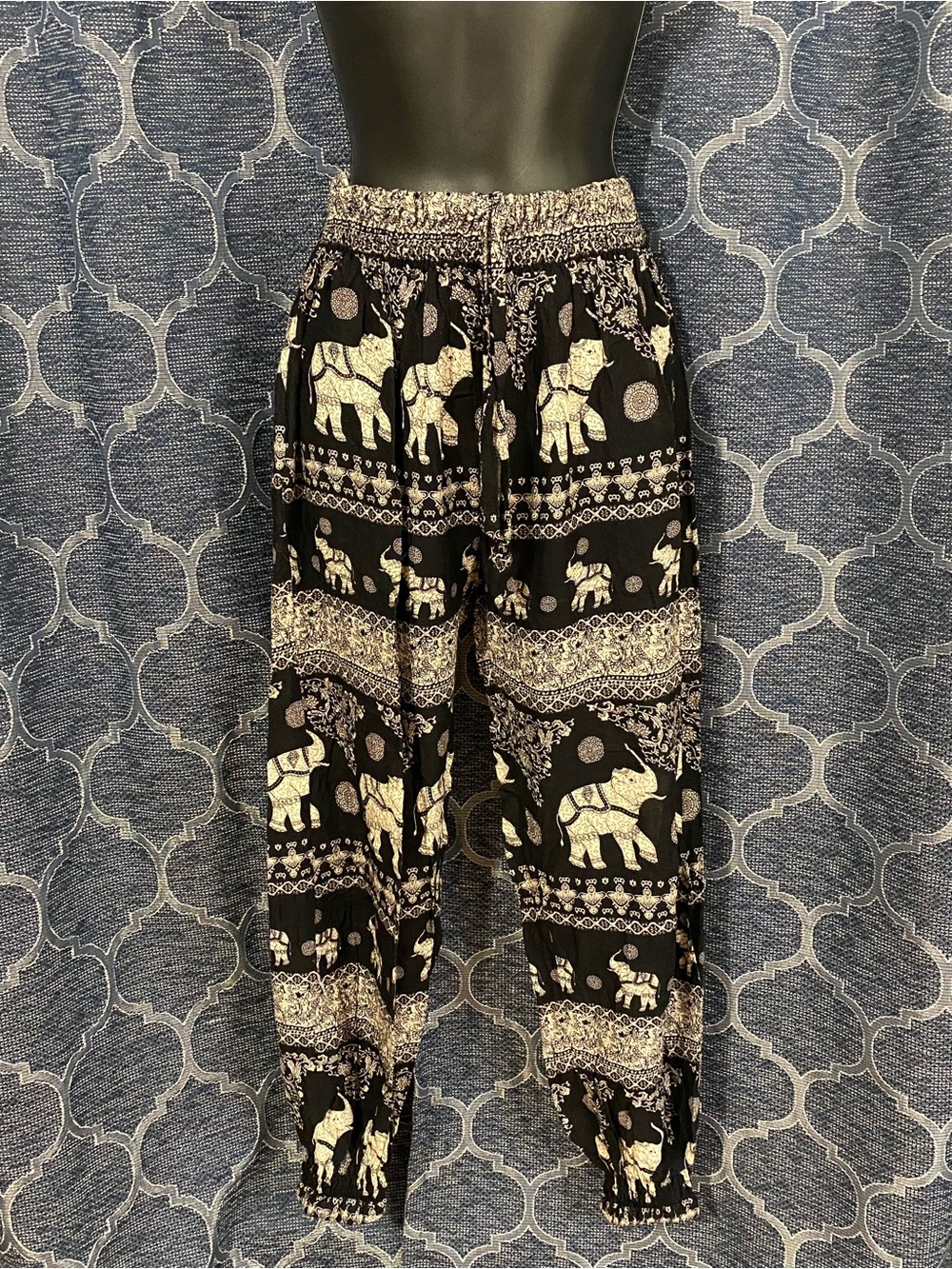 Black And Ivory Elephant Print Harem Pants